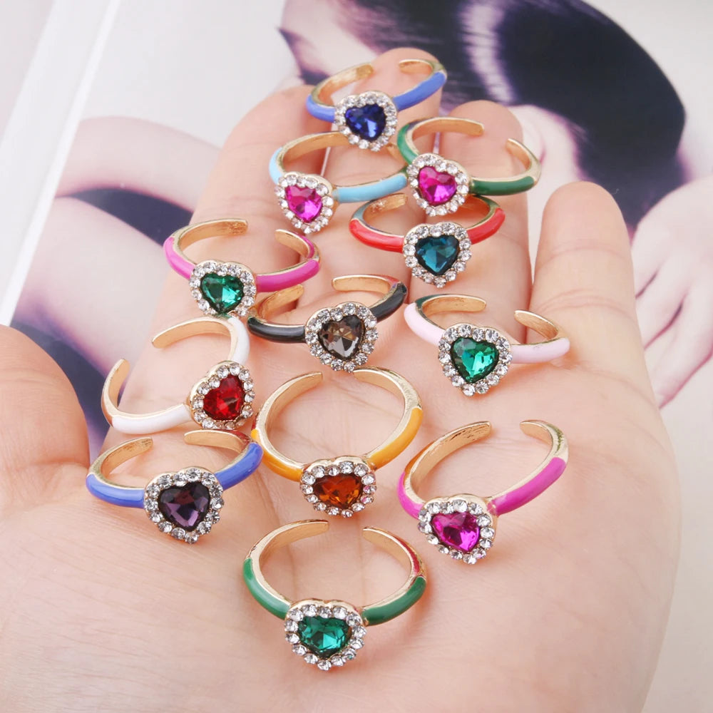 NeeFuWoFu Crystal Heart Open Ring Summer Charm Y2K Candy Adjustable Size