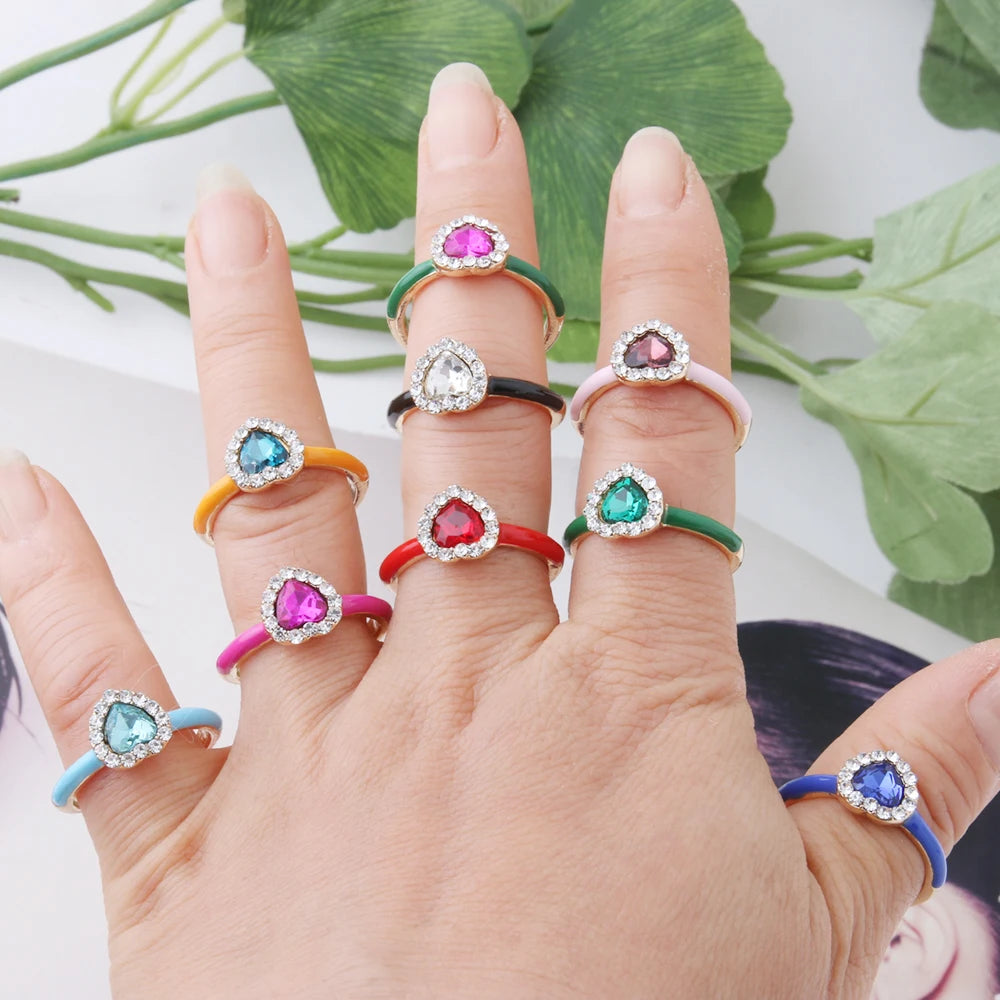 NeeFuWoFu Crystal Heart Open Ring Summer Charm Y2K Candy Adjustable Size