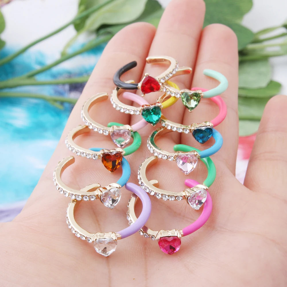 NeeFuWoFu Crystal Heart Open Ring Summer Charm Y2K Candy Adjustable Size