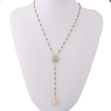 NeeFuWoFu Pink Stone Pendant Necklace Stainless Steel Short Chain Jewelry
