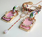 NeeFuWoFu Pink Stone Pendant Necklace Stainless Steel Short Chain Jewelry