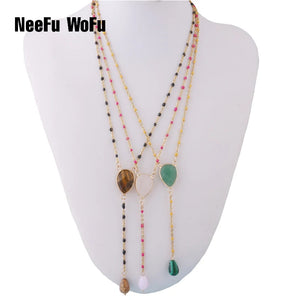 NeeFuWoFu Pink Stone Pendant Necklace Stainless Steel Short Chain Jewelry