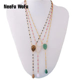 NeeFuWoFu Pink Stone Pendant Necklace Stainless Steel Short Chain Jewelry