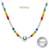 925 Sterling Silver Colorful Beaded Smiling Face Necklace Women