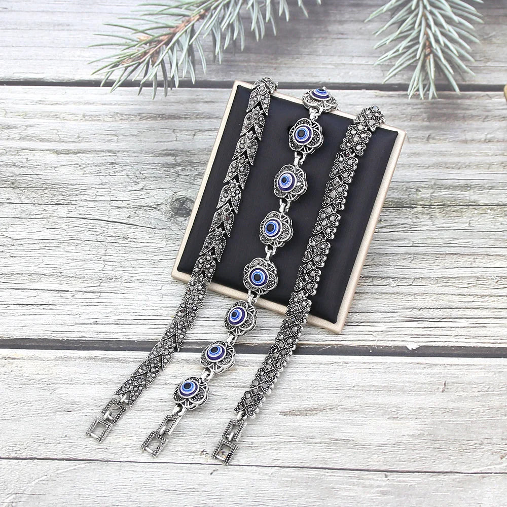 Vintage Silver Crystal Bohemia Link Bracelet Evil Eye Jewelry