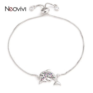Colorful Zirconia Dolphin Charm Bracelet Adjustable Gift