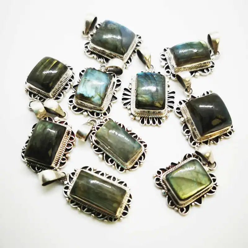 925 Silver Necklace with Natural Labradorite Vintage Pendant