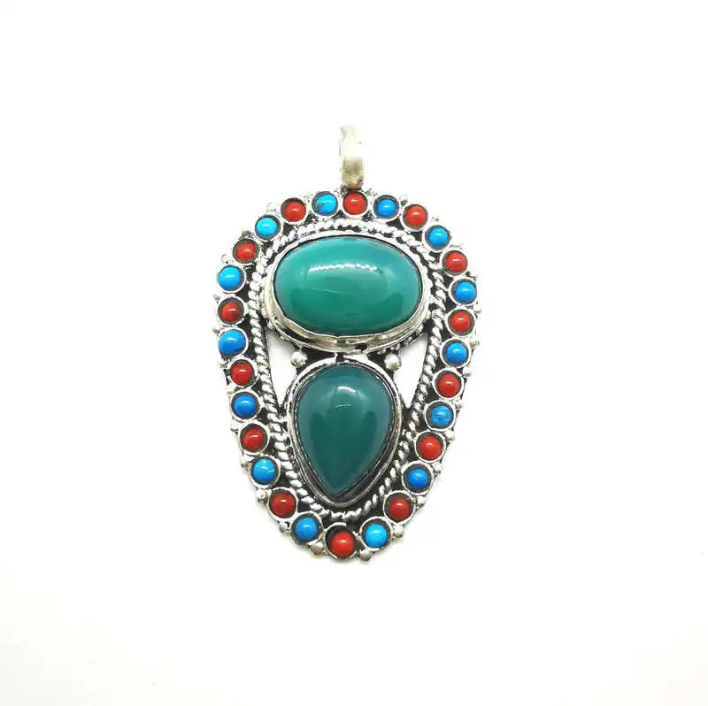 Nepal Flower Pendant Green Agate Copper Inlaid TBP351