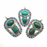 Nepal Flower Pendant Green Agate Copper Inlaid TBP351