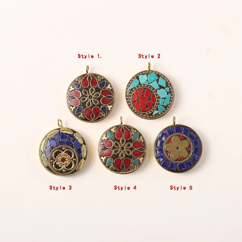 Nepalese Buddhist Round Pendant Charm 30mm Clay & Brass DIY Necklace