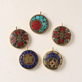 Nepalese Buddhist Round Pendant Charm 30mm Clay & Brass DIY Necklace