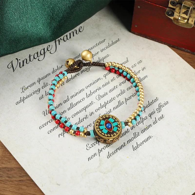 Nepalese Tibetan Braided Bracelet Women's Boho Retro Style with Bell Hand Rope