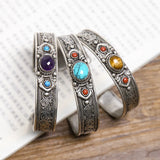 Nepalese Tibetan Silk Retro Silver Bracelet with Turquoise & Feldspar