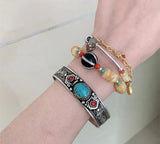 Nepalese Tibetan Silk Retro Silver Bracelet with Turquoise & Feldspar