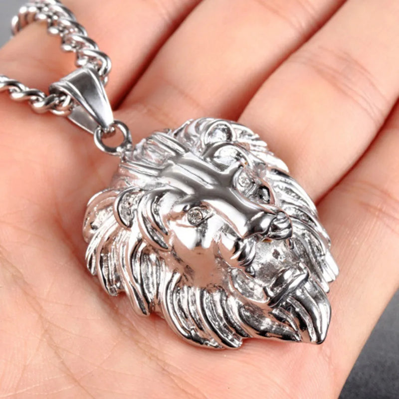 Stainless Steel Lion Head Pendant Necklace Men's Accessory