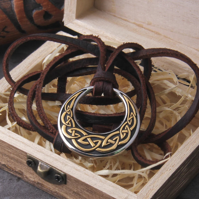 Celtic Knot Round Pendant Necklace with Adjustable Leather Cord