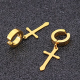 Stainless Steel Clip On Non Piercing Earrings Goth Cross Punk Rock Drop