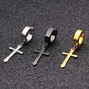 Stainless Steel Clip On Non Piercing Earrings Goth Cross Punk Rock Drop