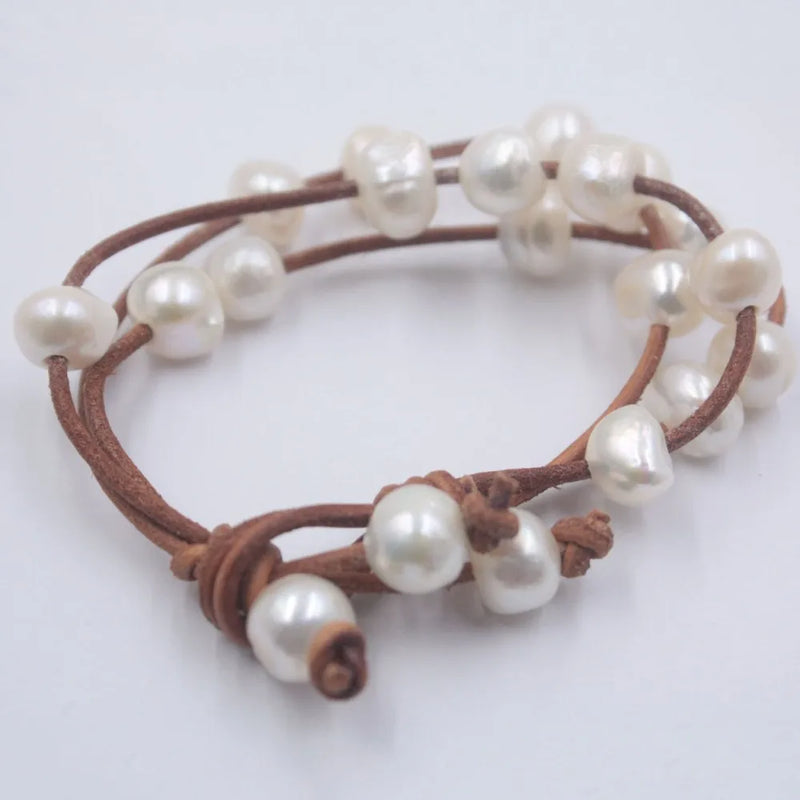 10-11mm Baroque Pearl Leather Bracelet for Woman