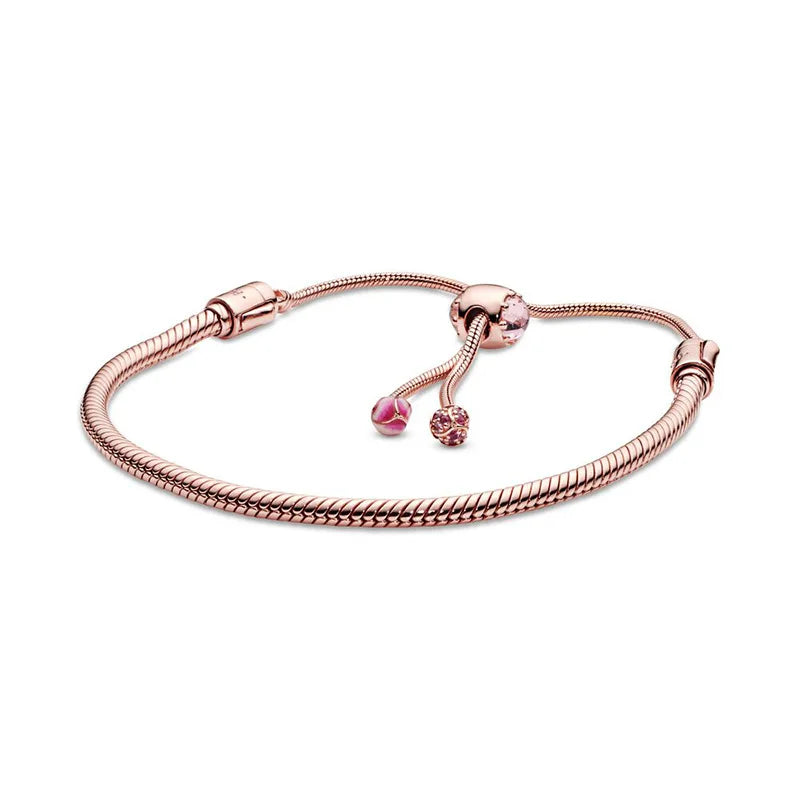 925 Silver Adjustable Bracelet Rose 18 Golden Glitter Slide Shine MOMENTS Bangle
