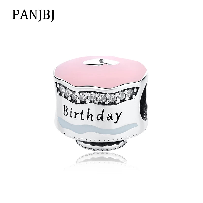 925 Silver Birthday Cake CZ Enamel Charm for Bracelets Necklace