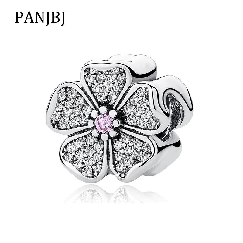 925 Silver Cherry Flower Charm Crystal Bead Bracelet DIY Jewelry
