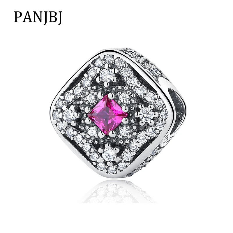925 Sterling Silver Crystal Square Bead Charm for Bracelets Necklace