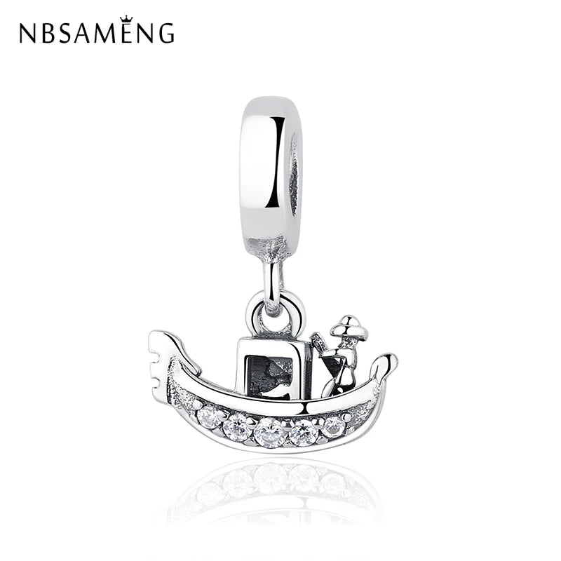 925 Silver Boat Pave CZ Pendant Charm for Bracelet DIY