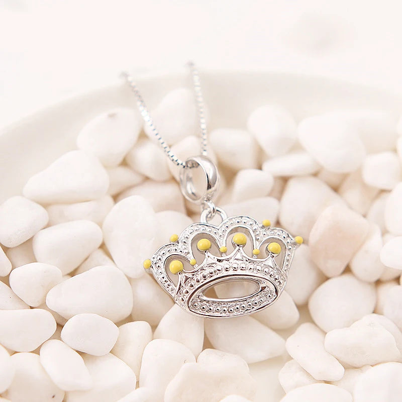 925 Silver Princess Crown Charm Pendant Enamel Beads Bracelet DIY Jewelry
