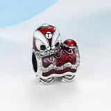 925 Silver Red Chinese Lion Enamel Charm Bead for Bracelets
