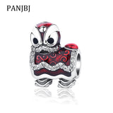 925 Silver Red Chinese Lion Enamel Charm Bead for Bracelets