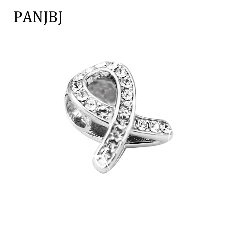 925 Silver Charm Ribbon CZ Bead Fit Bracelet Necklace