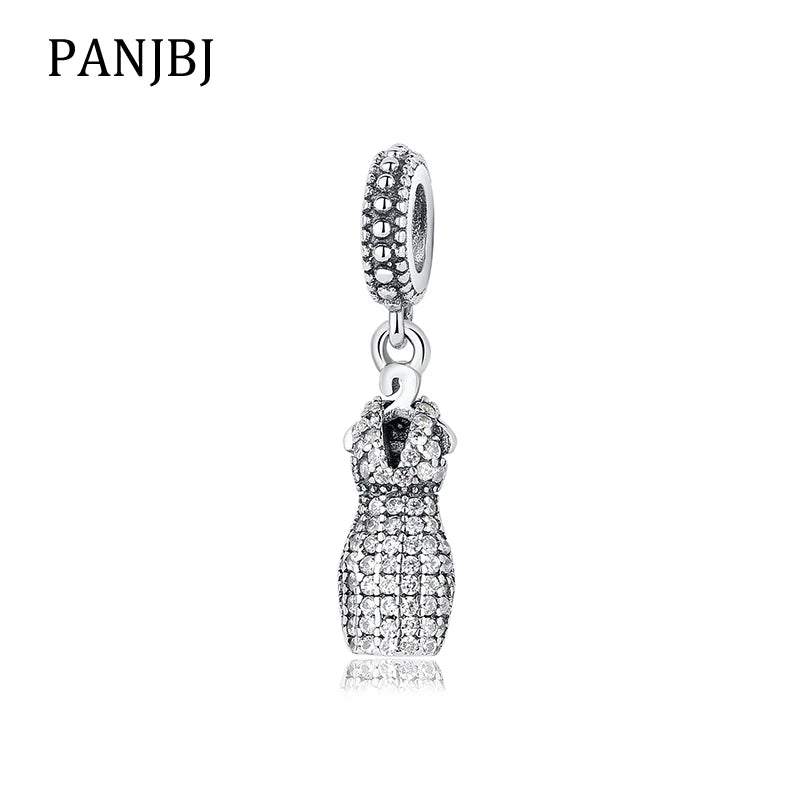 925 Silver Charm Clear CZ Evening Dress Pendant Fit Bracelet Necklace