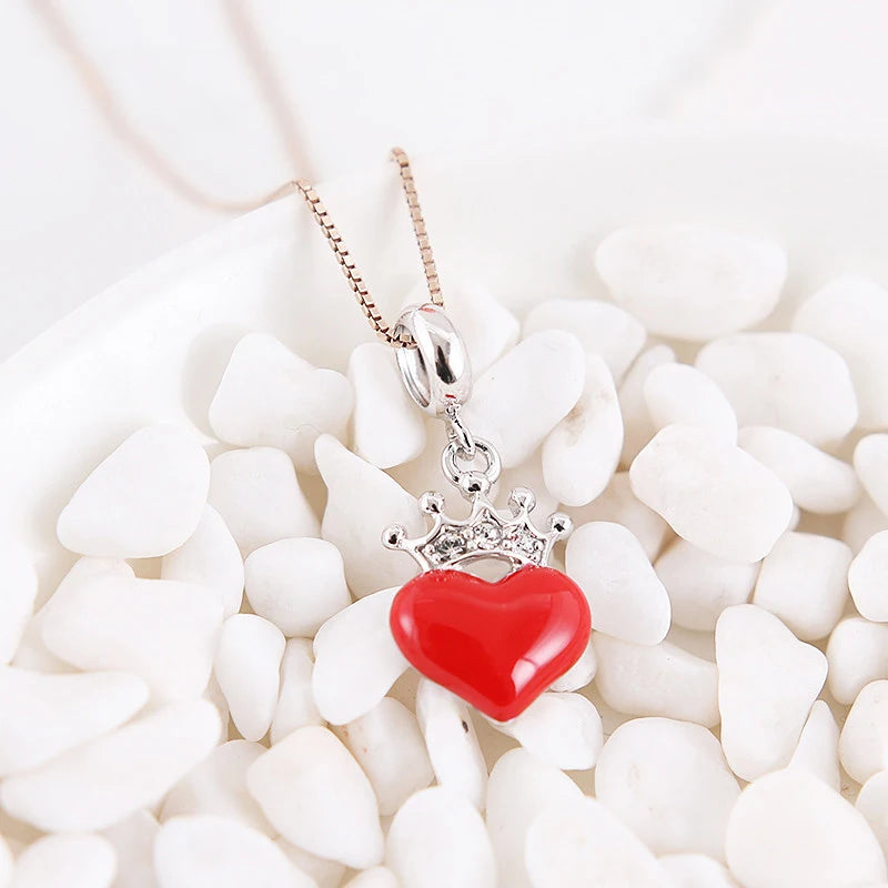925 Silver Crown Heart Charm Pendant CZ Enamel DIY Jewelry