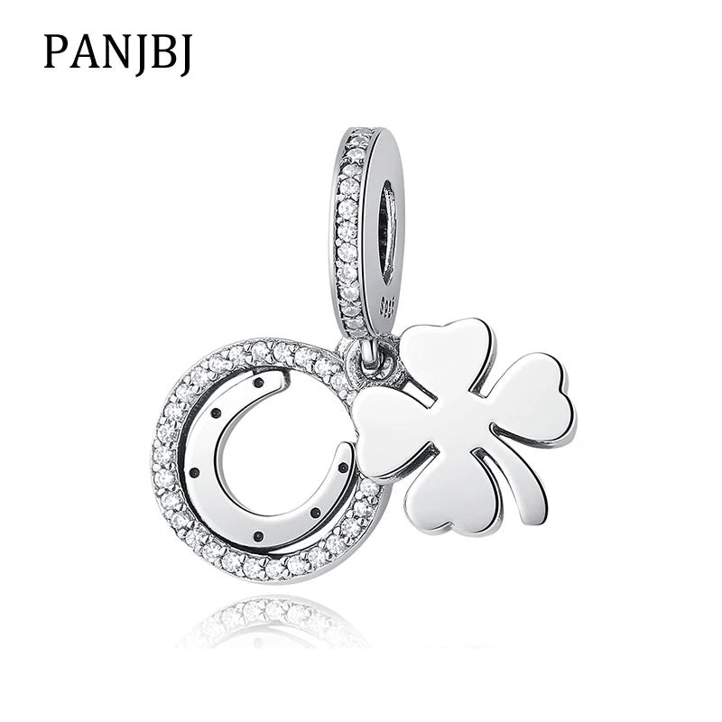 925 Silver Charms Lucky Clover Horseshoe Crystal Beads DIY Jewelry