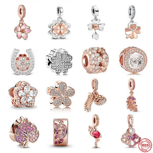 925 Silver Rose Clover Charm Bracelet Pendant DIY Clip Beads