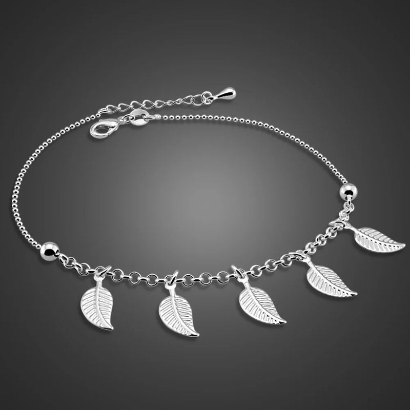 925 Sterling Silver Leaves Anklets Women Summer Beach Barefoot Sandals Bracelet