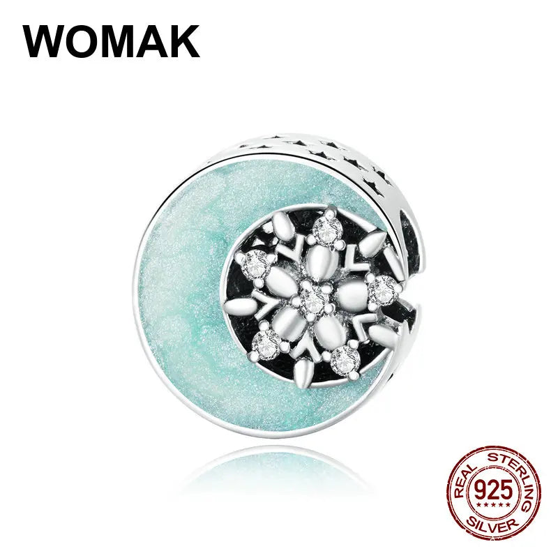 925 Silver Snow Moonlight Charm Snowflake Pendant for Bracelets Enamel Jewelry