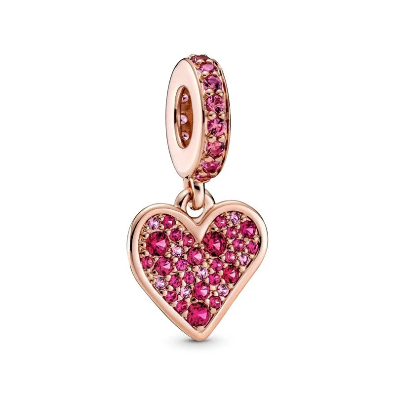 S925 Sterling Silver Love Heart Rose Golden CZ Pendant for PandoCross Necklace