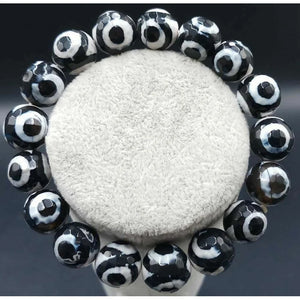 10mm Faceted Black Tibetan Agate Gemstone Round Beads Bracelet 7.5''