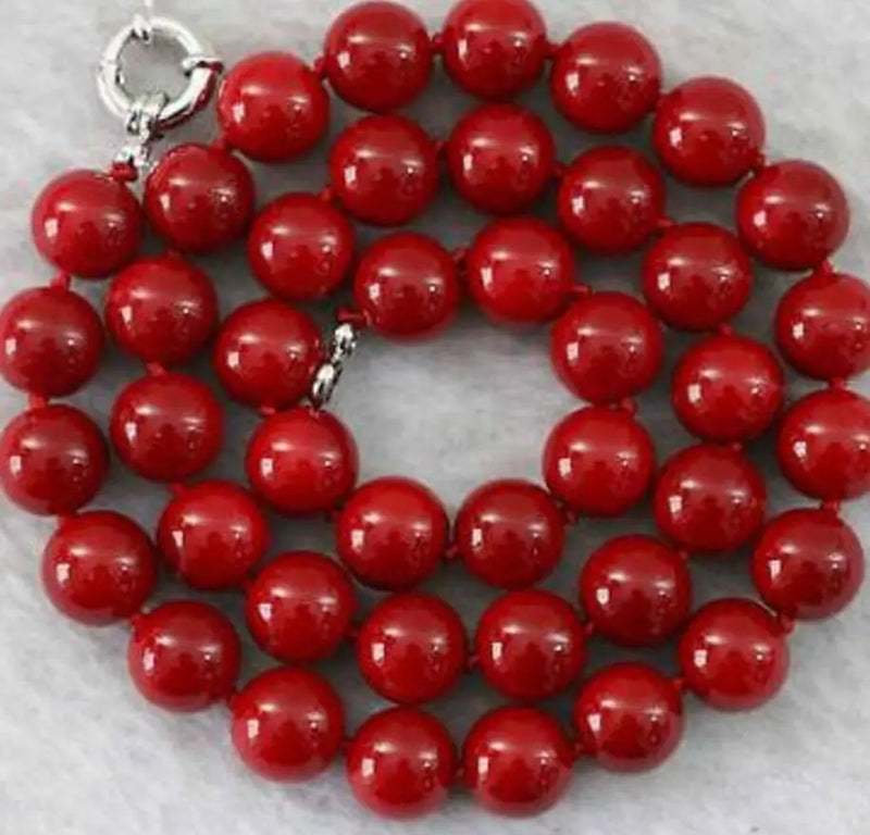 10mm Red Coral Round Gemstone Beads Necklace