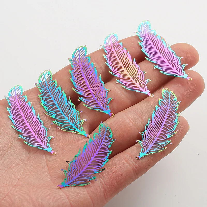 10pcs Rainbow Stainless Steel Feather Moon Cat Charms DIY Necklace Earring