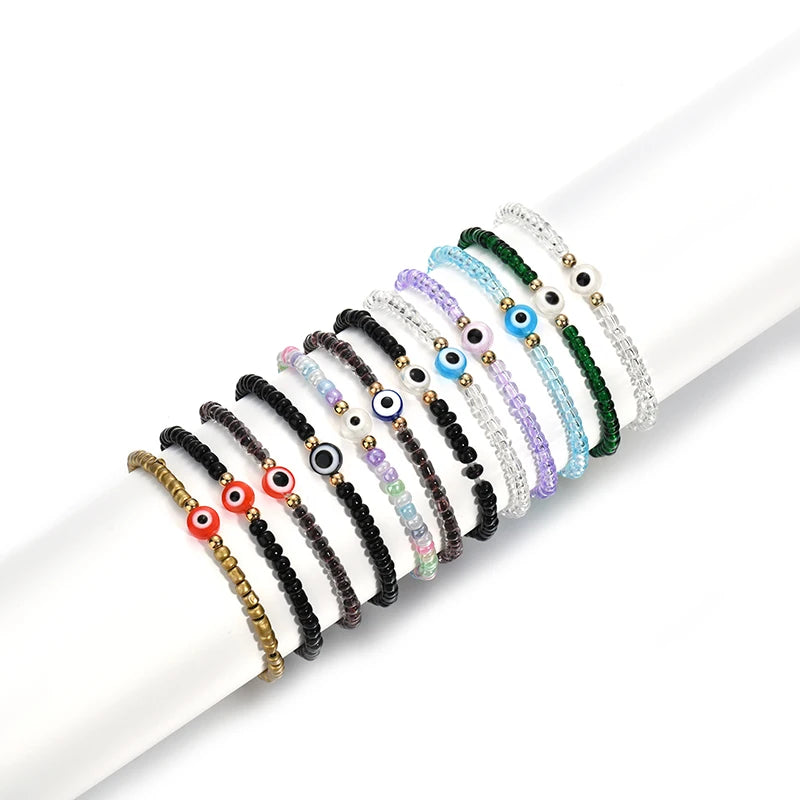 12pcs Colorful Lucky Eye Beaded Bracelet Elastic Friendship Jewelry