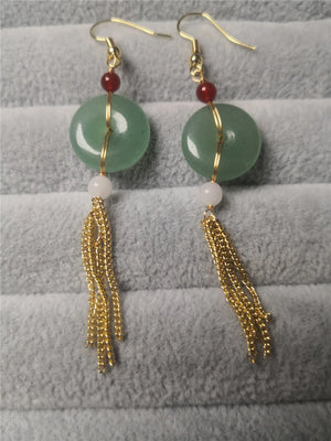 14K Gold-covered Green Jade Hand-woven Earrings Vintage Women Classic