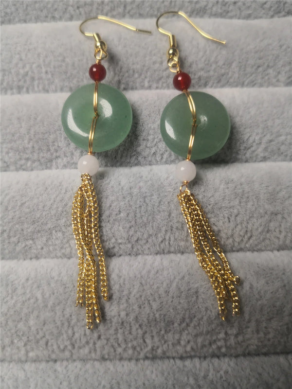14K Gold-covered Green Jade Hand-woven Earrings Vintage Women Classic