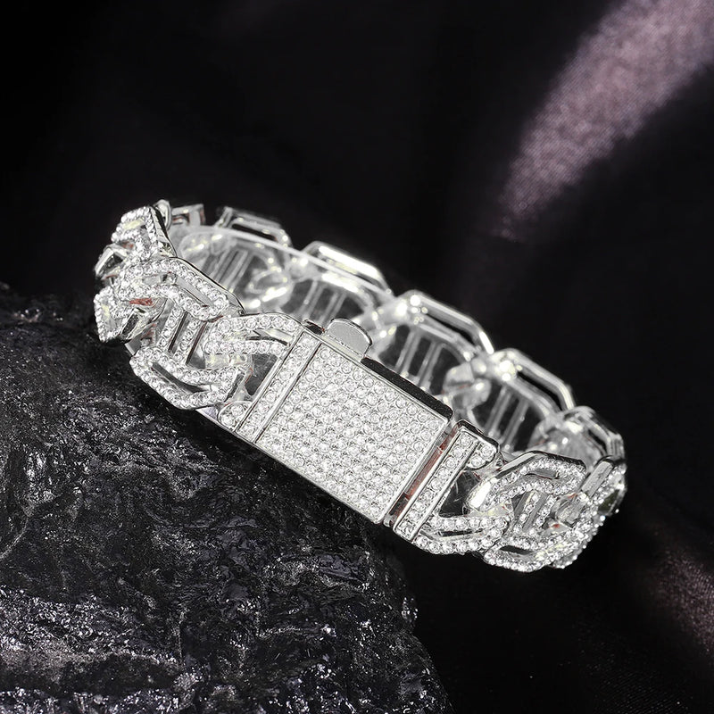 17mm Iced Out Cuban Link Chain Bracelet Full Rhinestones Hip Hop Jewelry