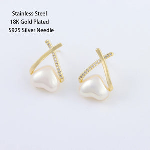 Heart Pearl Earrings 18K Plated Studs for Women Girls