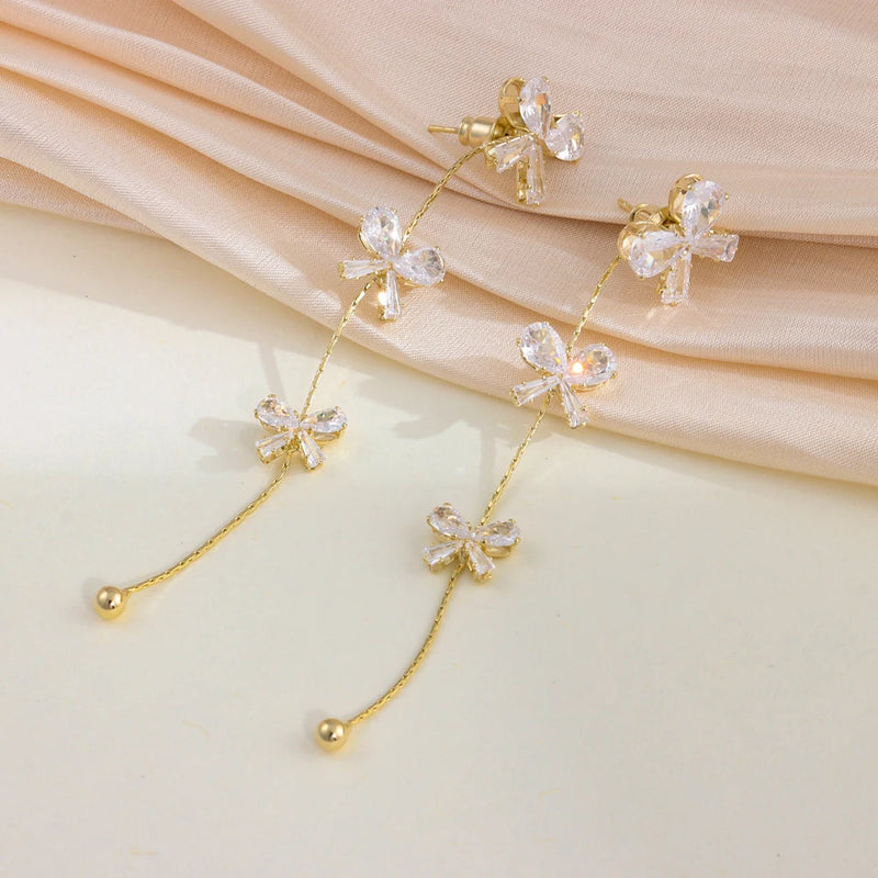 18K Plated Tassel Crystal Earrings Bowknot Drop Party Jewelry