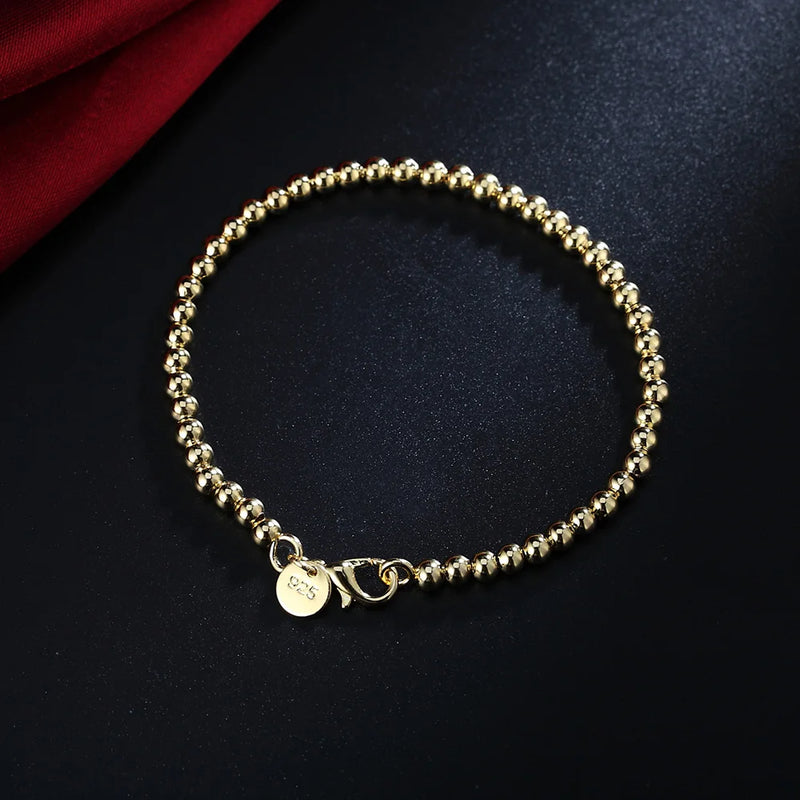 18K 925 Sterling Silver Bracelet 4MM Beads Chain