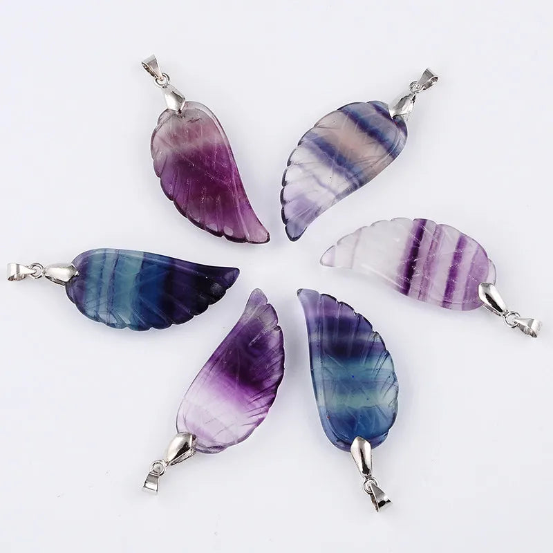 Vintage Silver Angel Wing Fluorite Stone Pendant Necklace